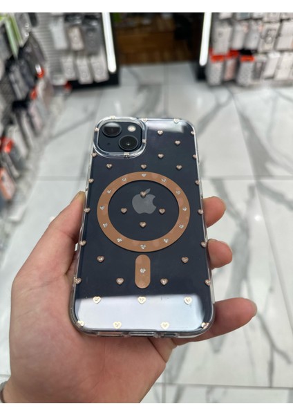 iPhone 15 Kılıf Kalp Magsafe Kılıf Fiyonklu Tasarım Silikon Kılıf Rose Gold