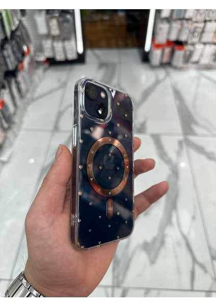iPhone 15 Kılıf Kalp Magsafe Kılıf Fiyonklu Tasarım Silikon Kılıf Rose Gold