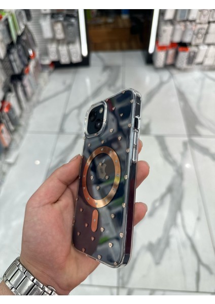 iPhone 15 Kılıf Kalp Magsafe Kılıf Fiyonklu Tasarım Silikon Kılıf Rose Gold