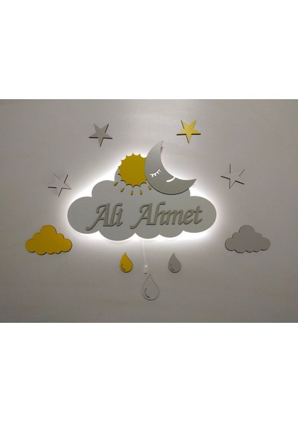 Isimli Bulut Ahşap Gece Lambası Özel Güneş Tutulması Serisi Ledli Dekoratif Aydınlatma Çocuk Odası