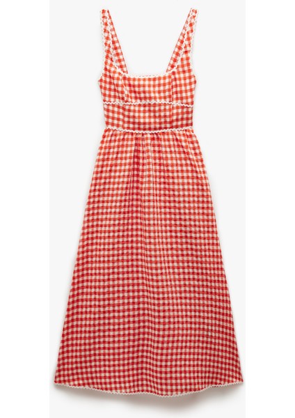 Viskon Karışımlı Pötikareli Uzun Kare Yaka Askılı Elbise