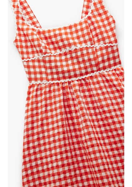 Viskon Karışımlı Pötikareli Uzun Kare Yaka Askılı Elbise modelleri