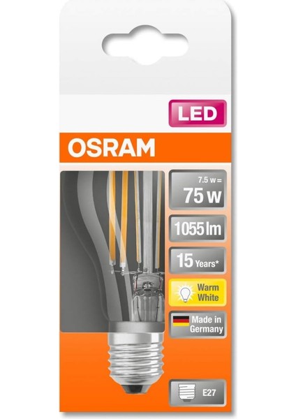 LED Star Classıc A 75 7.5W 2700K Filamentli Sarı Işık 1055 Lümen E27 Duy Ampul