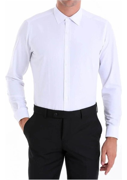 Beyaz Rengi Slim Dar Kalıp Ütü Tutabilen Nanteks Kumaş Mat Gömlek Siyah Kravat Hediyeli