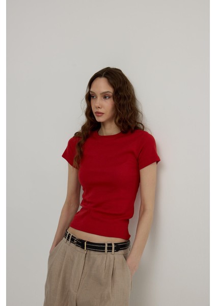 Kadın Magenta Kısa Kollu Basic T-Shirt