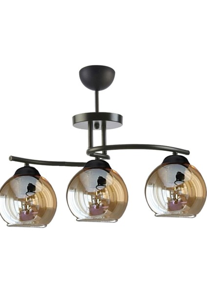 Fuji Modern Dekoratif Salon - Mutfak - Yatak Odası Siyah Renk Bal Camlı 3 Lü Avize