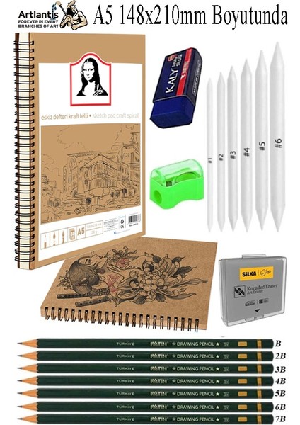 Telli A5 Kraft Eskiz Defteri Spiralli 50 Yaprak Karakalem Çizim Seti Sketch Pad Gölgelendirme Dereceli Kalem Yandan Açma