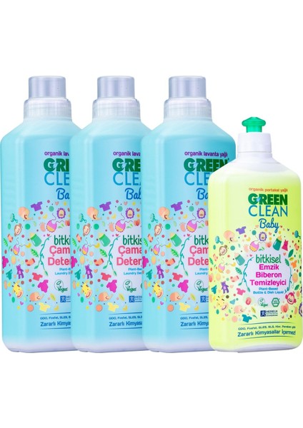 Green Clean 1l Bebek Çamaşır Deterjanı 3 Adet + 500 ml Emzik Biberon Temizleyici