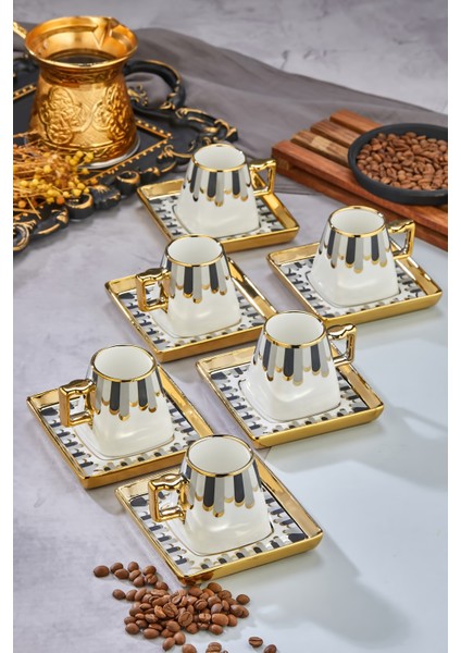 90 ml Porselen 6'lı Kahve Fincanı Seti - Şık Tasarım Altın Yaldızlı Modern Fincan Takımı