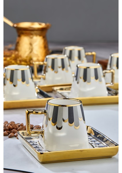 90 ml Porselen 6'lı Kahve Fincanı Seti - Şık Tasarım Altın Yaldızlı Modern Fincan Takımı