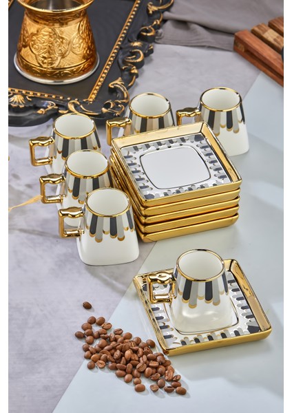 90 ml Porselen 6'lı Kahve Fincanı Seti - Şık Tasarım Altın Yaldızlı Modern Fincan Takımı