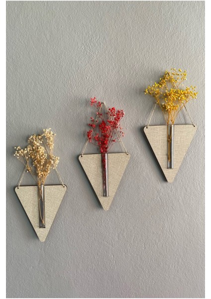 Ahşap Dekoratif Üçgen 3'lü Duvar Çiçekliği (Çiçek Hediyeli)
