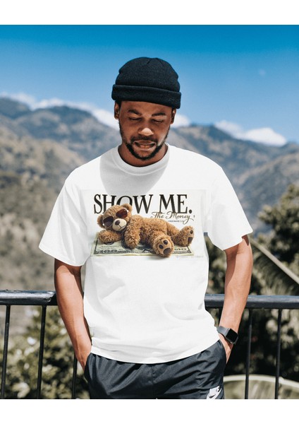 Beyaz Regular Ön Baskılı Tişört – "show Me The Money" Ayıcık Tasarımı, Mizahi ve Rahat Stil