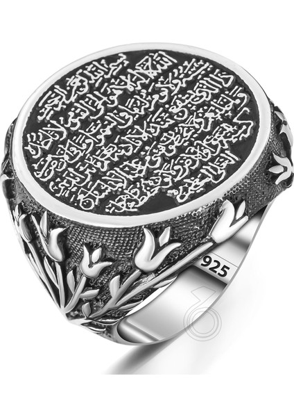 925 Ayar Gümüş Ayet-El Kürsi Yazılı Lale Tasarım Erkek Yüzük fiyatları