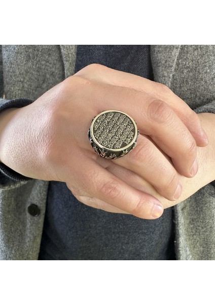 925 Ayar Gümüş Ayet-El Kürsi Yazılı Lale Tasarım Erkek Yüzük modelleri