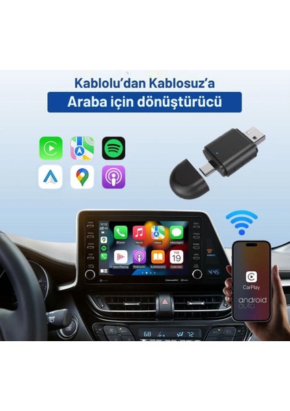 Araç Içi 2in1 Android ve Apple Cihazlar Için Kablosuz Android Auto ve Carplay Adaptörü