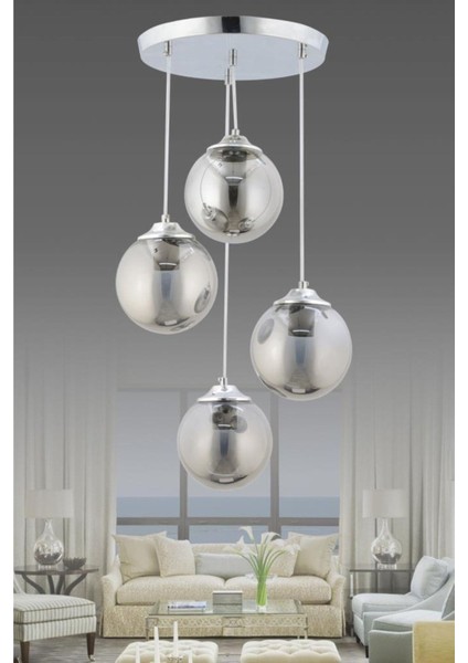 Modern Metal Füme Camlı Avize Seti - 4'lü Tasarım - 30x70 Boyut - Şık Aydınlatma Çözümü