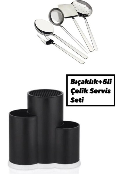 Çok Renkli Tezgah Üstü Bölmeli Kaşık Bıçak Standı ve 5'li Çelik Servis Seti