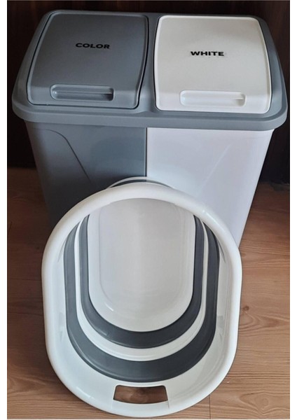İki Bölmeli Katlanabilir Çamaşır Sepeti Takımı, Gri ve Beyaz, 50 L, Plastik