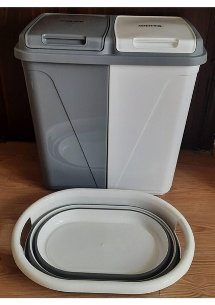 İki Bölmeli Katlanabilir Çamaşır Sepeti Takımı, Gri ve Beyaz, 50 L, Plastik modelleri
