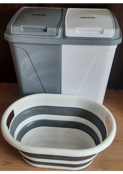 İki Bölmeli Katlanabilir Çamaşır Sepeti Takımı, Gri ve Beyaz, 50 L, Plastik fırsatları
