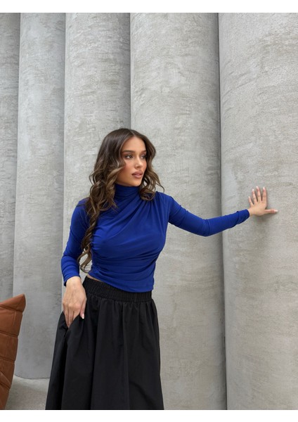 Mavi Uzun Kollu Büzgülü Bluz