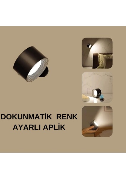 Şarjlı 360° Hareketli Kumandalı ve Dokunmatik 3 Modlu Sarı-Beyaz Işık Aplik Duvar Aydınlatma Lambas
