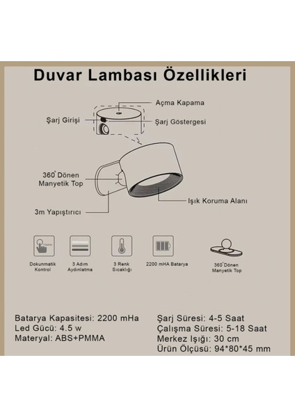 Şarjlı 360° Hareketli Kumandalı ve Dokunmatik 3 Modlu Sarı-Beyaz Işık Aplik Duvar Aydınlatma Lambas