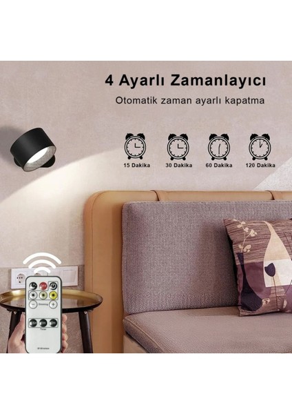 Şarjlı 360° Hareketli Kumandalı ve Dokunmatik 3 Modlu Sarı-Beyaz Işık Aplik Duvar Aydınlatma Lambas