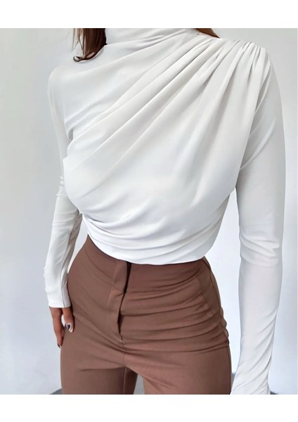 Beyaz Uzun Kollu Büzgülü Bluz