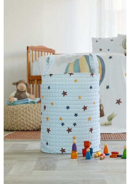 %100 Organik Pamuk Çocuk Oyuncak ve Çamaşır Sepeti - Renkli Yıldız Temalı - Beyaz - 55 x 40 cm