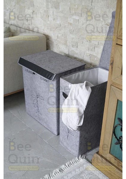 Kirli Çamaşır Sepeti Katlanabilir Sepet Banyo Sepetli Katlanır Keçe 2 Gözlü Ikili Çamaşır