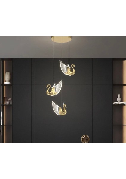 Luxury Exclusive Modern Sarkıt Üçlü Kuğu LED Avize Swan Gold Sarı Ledli Avize