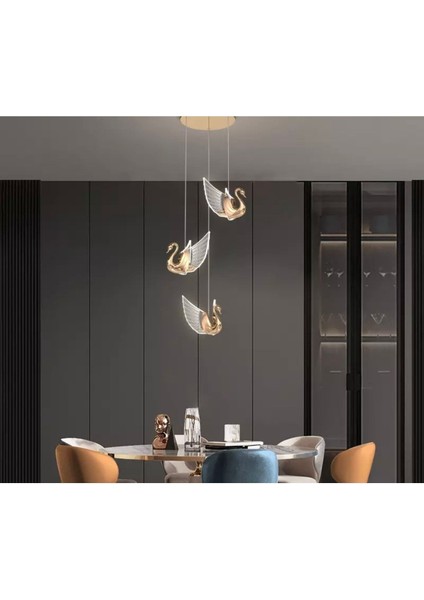 Luxury Exclusive Modern Sarkıt Üçlü Kuğu LED Avize Swan Gold Sarı Ledli Avize