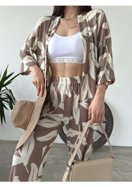 Desenli Kimono & Pantolon Ikili Takım