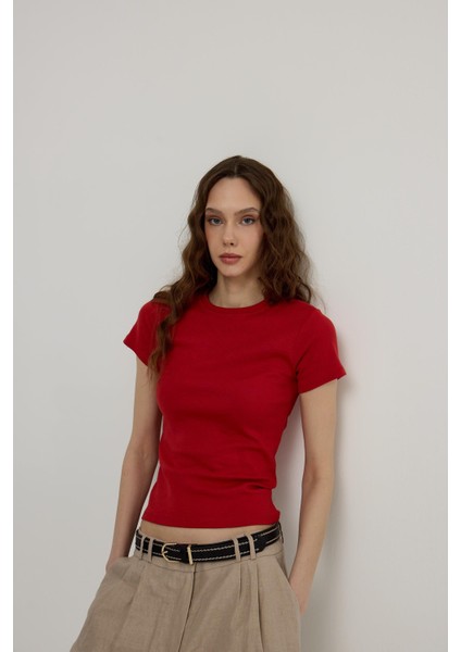 Kadın Magenta Kısa Kollu Basic T-Shirt