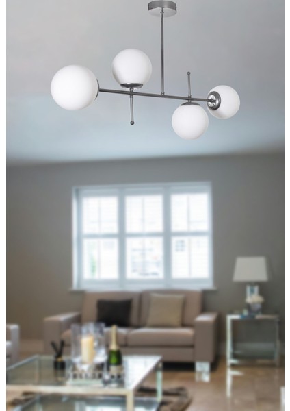 Feris Modern Tasarım Salon Mutfak Yatak Odası Gri Renk Beyaz Camlı 4 Lü Avize