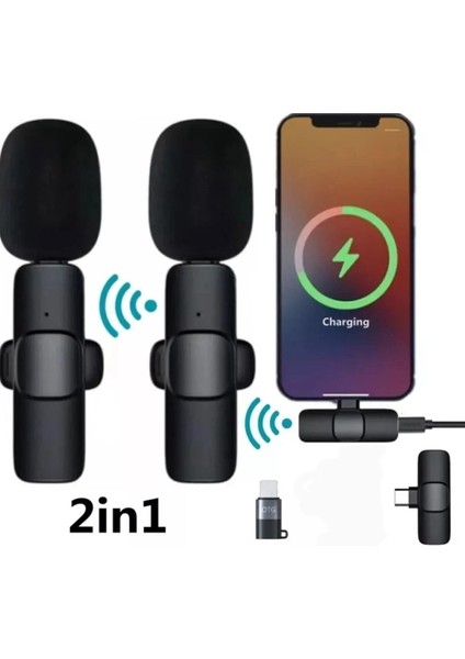 K9 2li Type-C + Lightning Dönüştürücülü Kablosuz Yaka Mikrofonu 2li