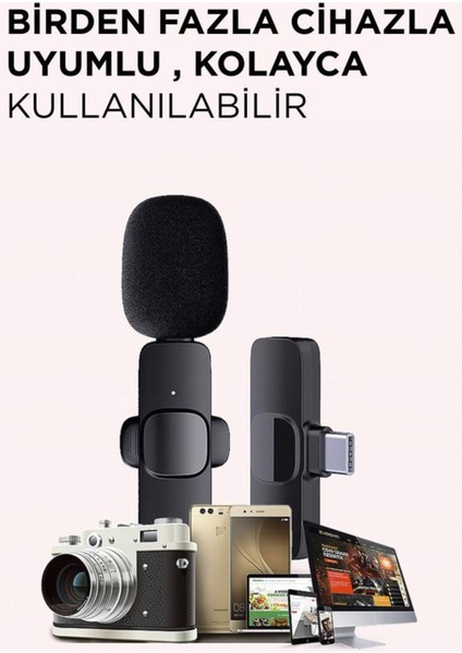 K9 2li Type-C + Lightning Dönüştürücülü Kablosuz Yaka Mikrofonu 2li