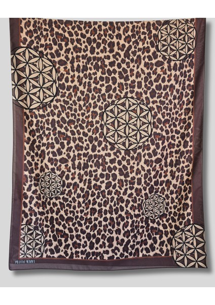 Kahverengi Pamuk Şal Leopar ve Yaşam Çiçeği Desenli 70CMX190CM