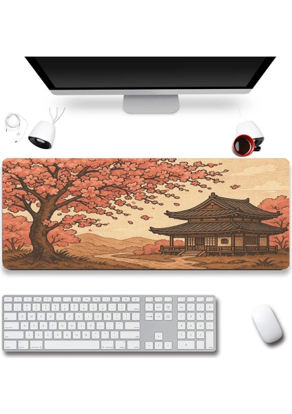 Ultragrand Japon Kiraz Ağacı ve Japon Evi Dikişsiz Xxl Gaming Oyuncu Masaüstü Pembe Klavye Mouse Pad 40X90CM