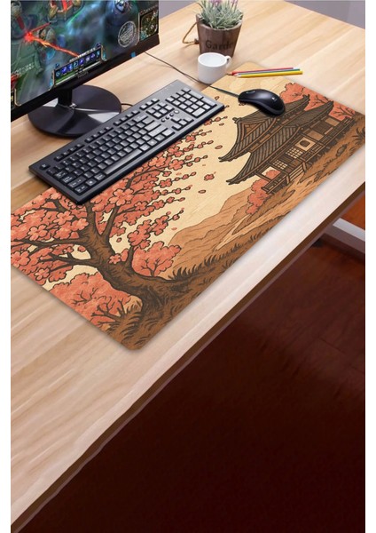 Ultragrand Japon Kiraz Ağacı ve Japon Evi Dikişsiz Xxl Gaming Oyuncu Masaüstü Pembe Klavye Mouse Pad 40X90CM modelleri