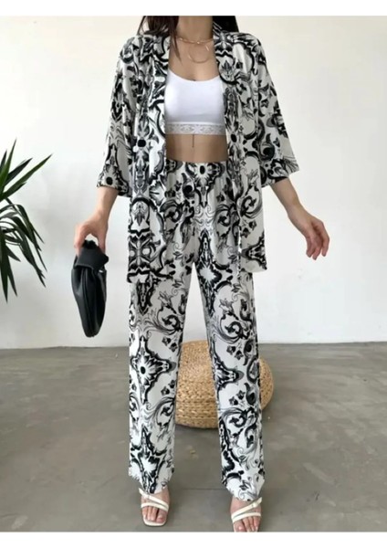 Desenli Kimono & Pantolon Ikili Takım