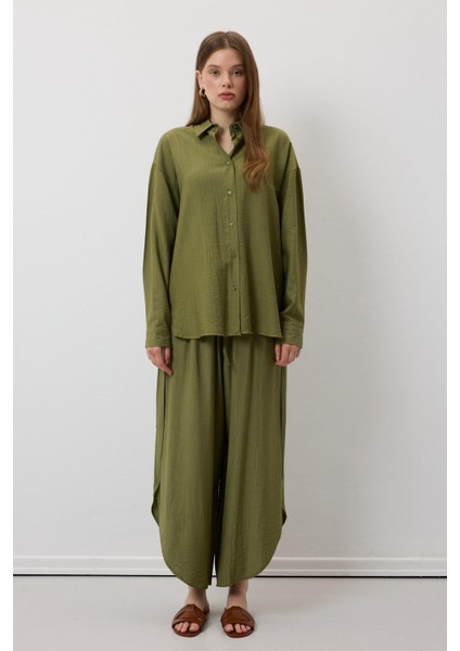 Beli Lastikli Yırtmaçlı Pantolon Haki