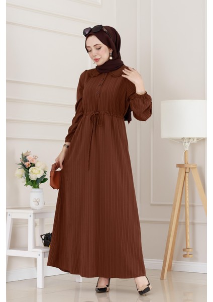 Yakası Güpür Nova Elbise-Kahverengi