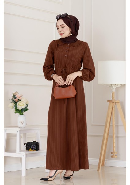 Yakası Güpür Nova Elbise-Kahverengi fiyatları