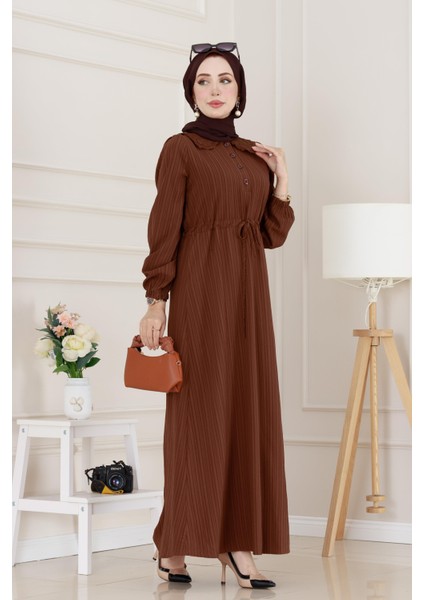 Yakası Güpür Nova Elbise-Kahverengi modelleri