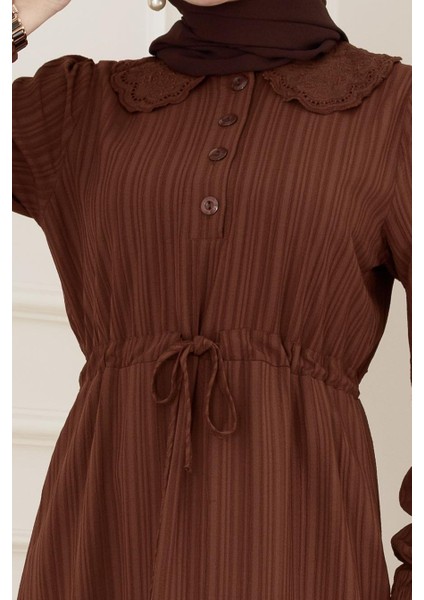 Yakası Güpür Nova Elbise-Kahverengi fırsatları