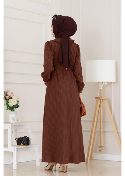 Yakası Güpür Nova Elbise-Kahverengi indirimleri