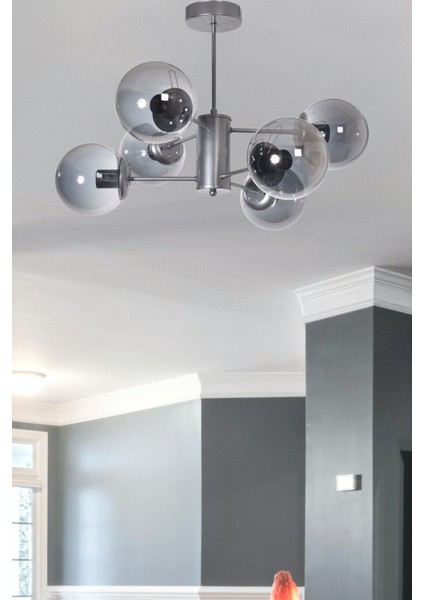 Seul Modern Tasarım Salon Yemek Odası Mutfak Gri Renk Füme Camlı Sarkıt 6 Lı Avize